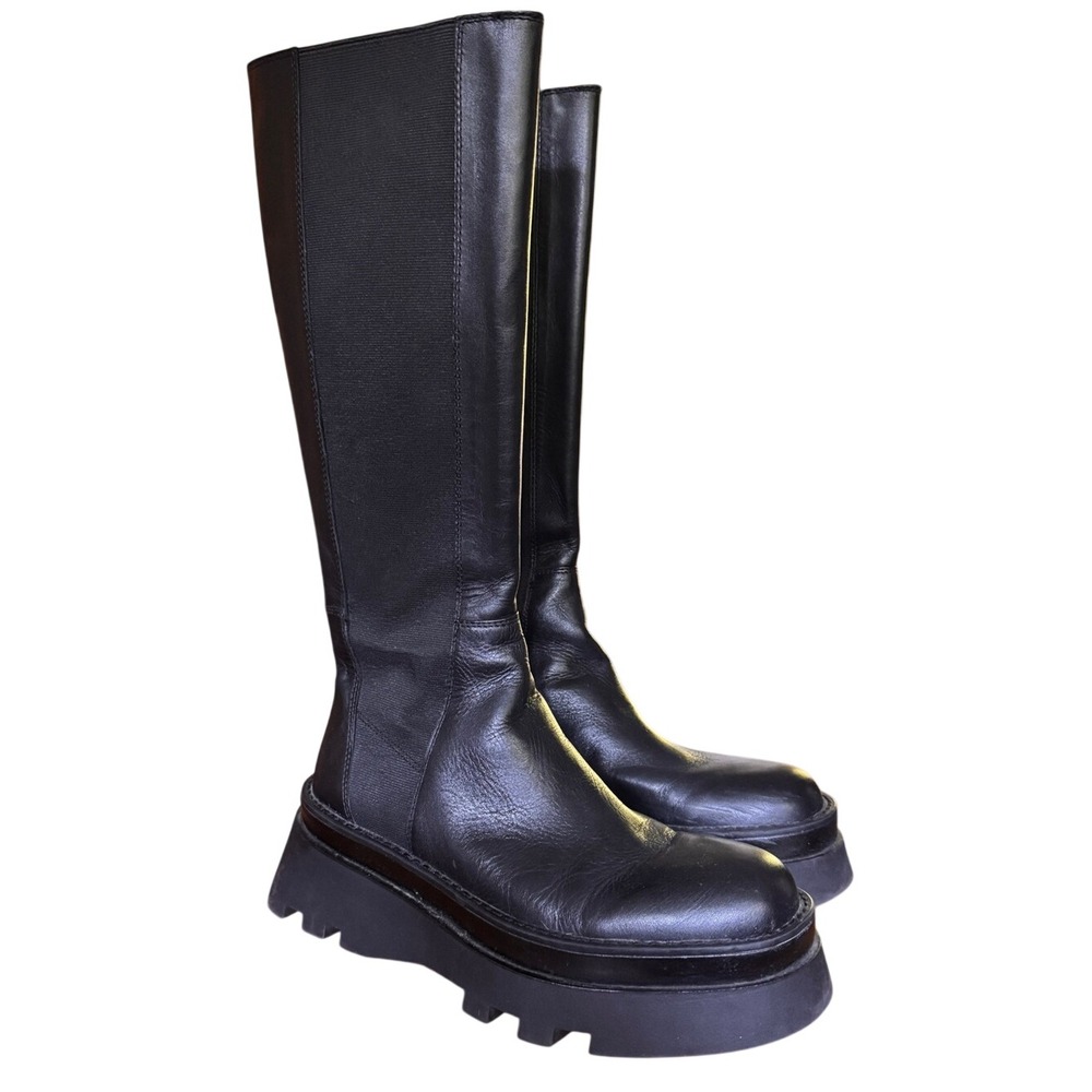Zara Womens Black Leather Lug Sole Platform Tall Boots Size 40